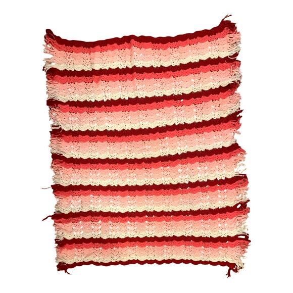 Crochet Afghan Throw Blanket Handmade 61 x 48 Pink White Red Gradient Stripe - Picture 2 of 8